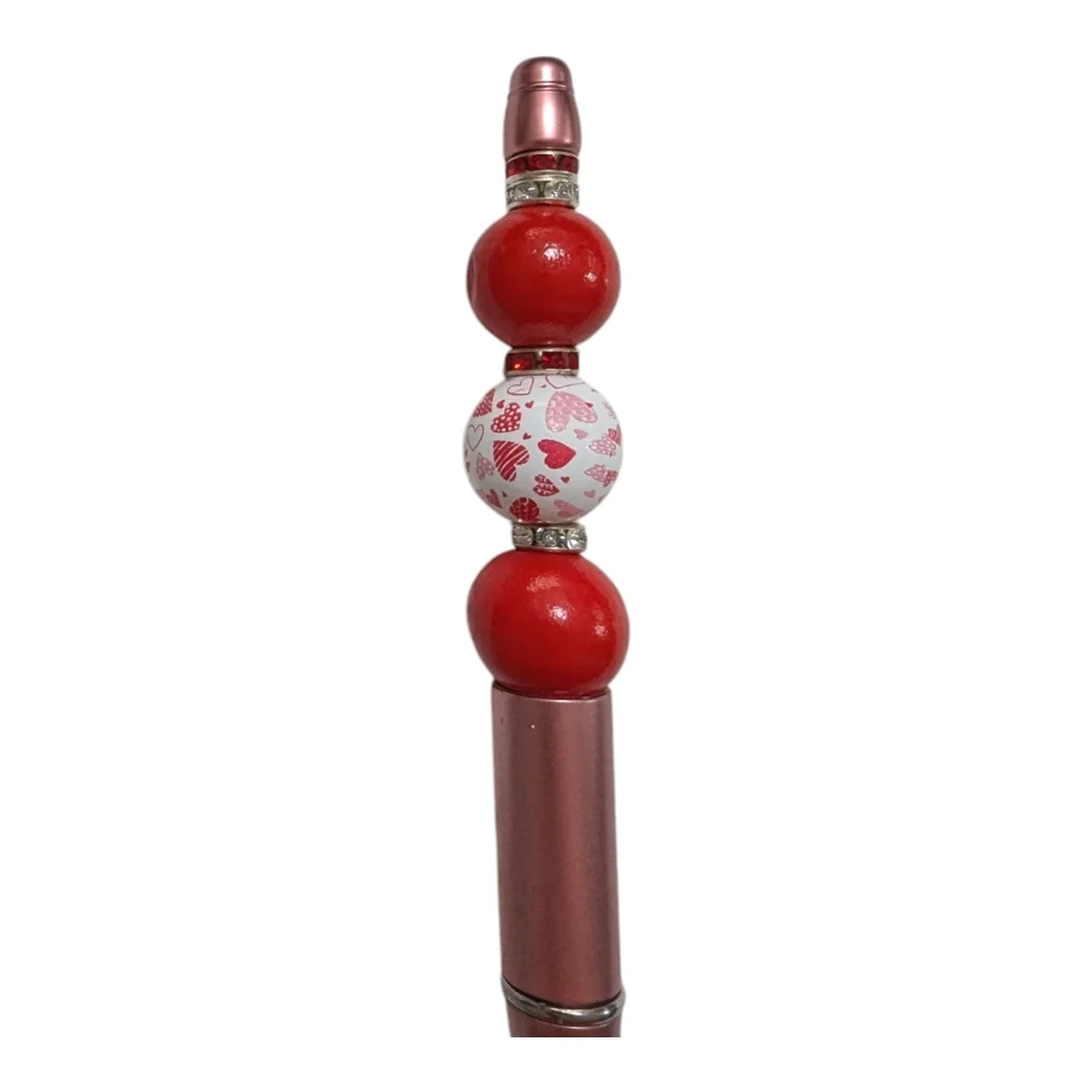 hand crafted Beaded Pen Pink red hearts rhinestones shiny NEW H-009